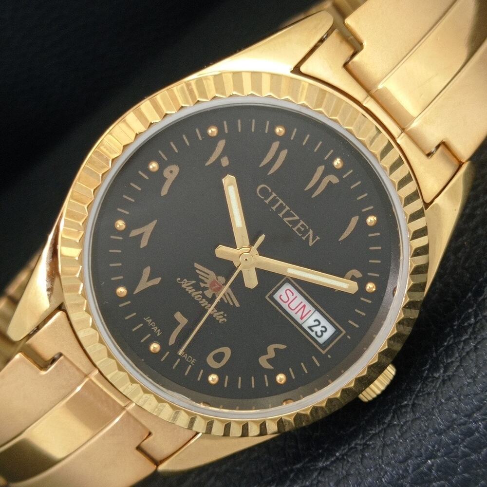 Vintage 1984 Citizen Automatic Mens Gold Watch W/daydate & Black accents